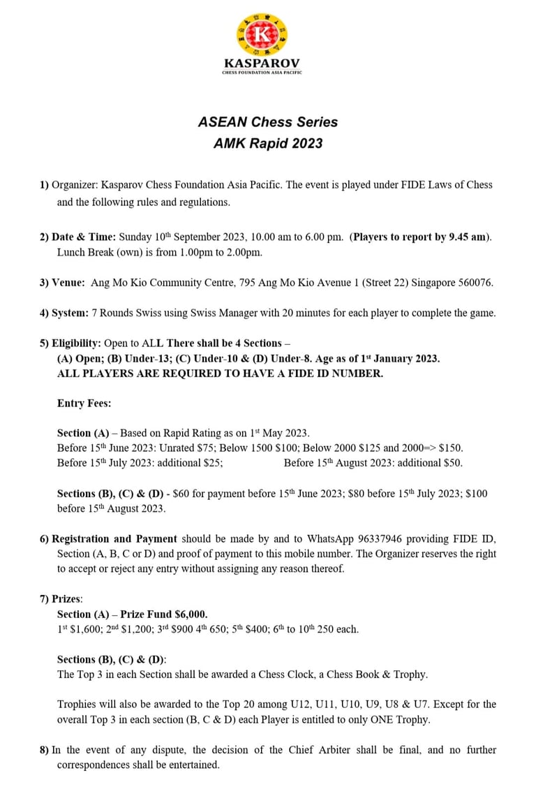ASEAN Chess Series - AMK Rapid 2023. Kasparov Chess. Singapore Chess
