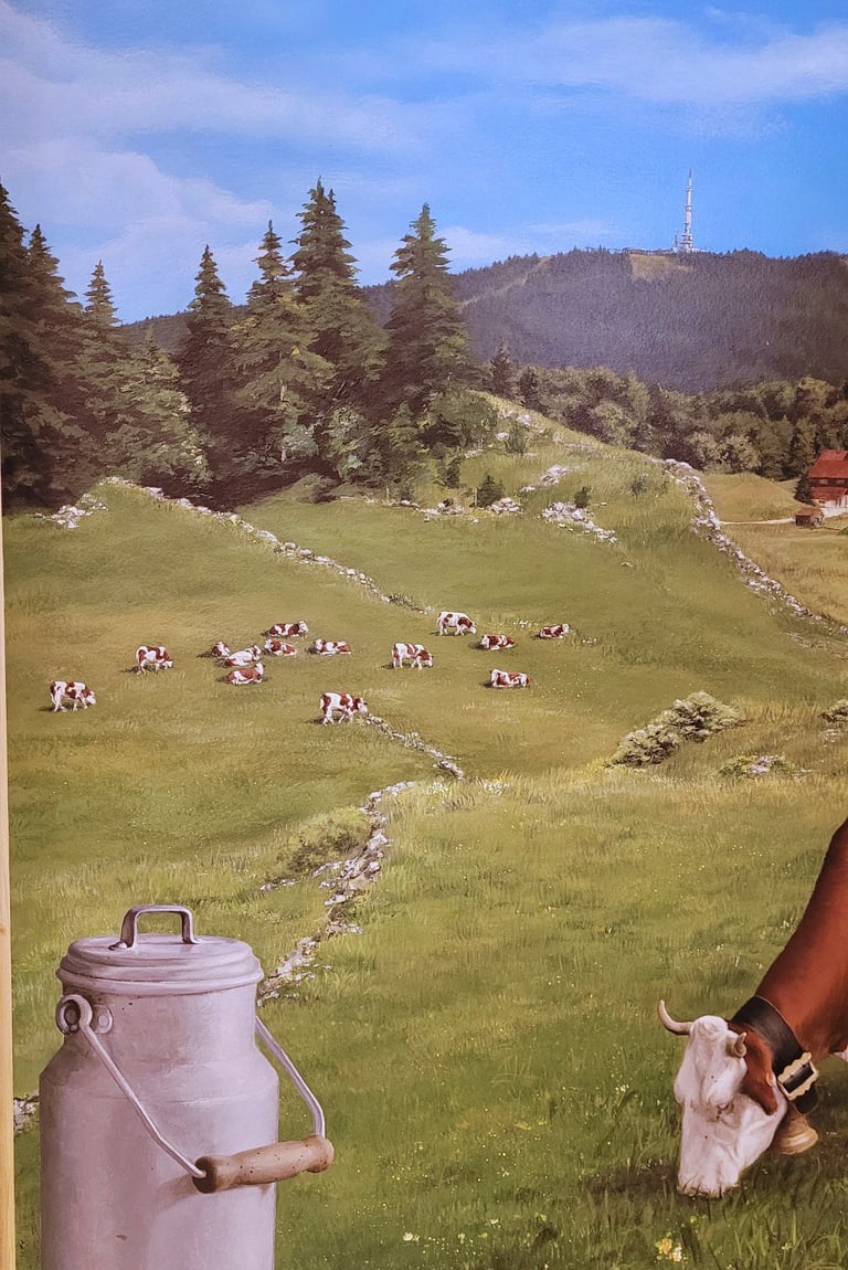 Paysage de montagnes jurassiennes, réaliste en peinture. Paturage de vaches. Lelex