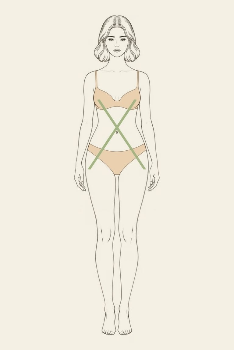 Illustration d’une femme à la morphologie en X, avec épaules et hanches alignées et une taille fine