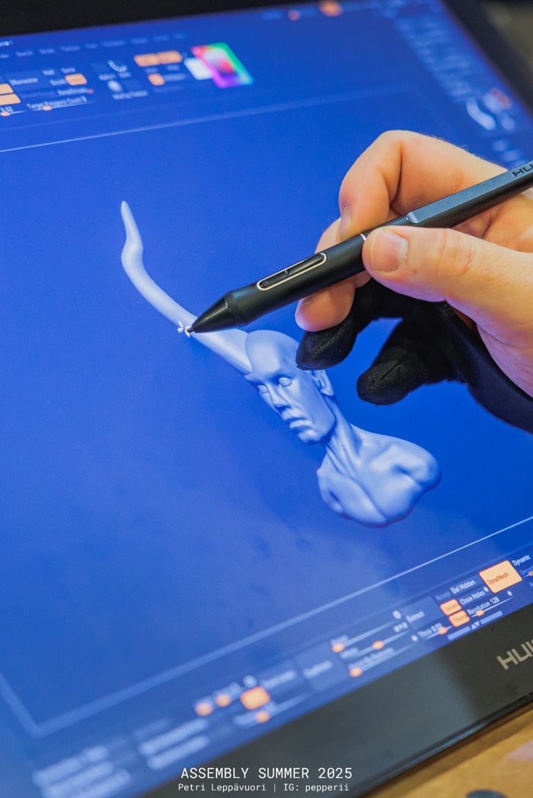 Image displaying Henri sculpting a horned bust of a demon.