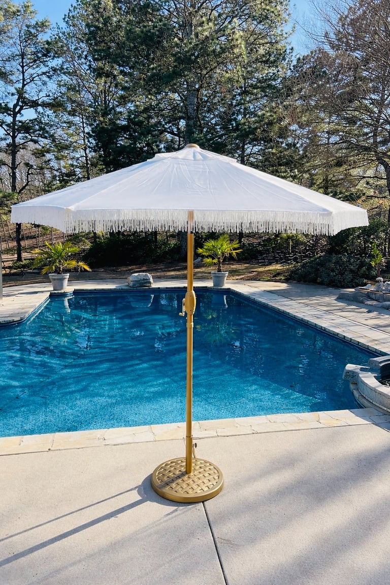 Luxury picnic white fringe umbrella by the pool North Georgia special occasions Gathered Grace
