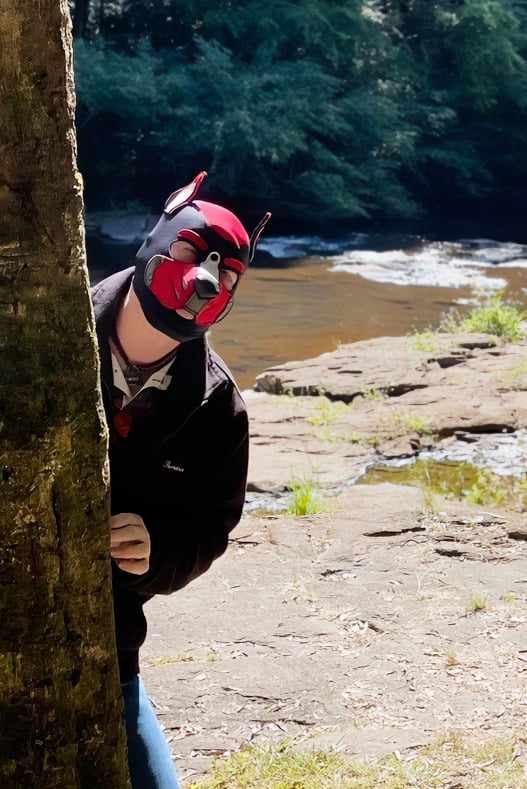 A man poses partway behind a tree, wearing a pup mask.