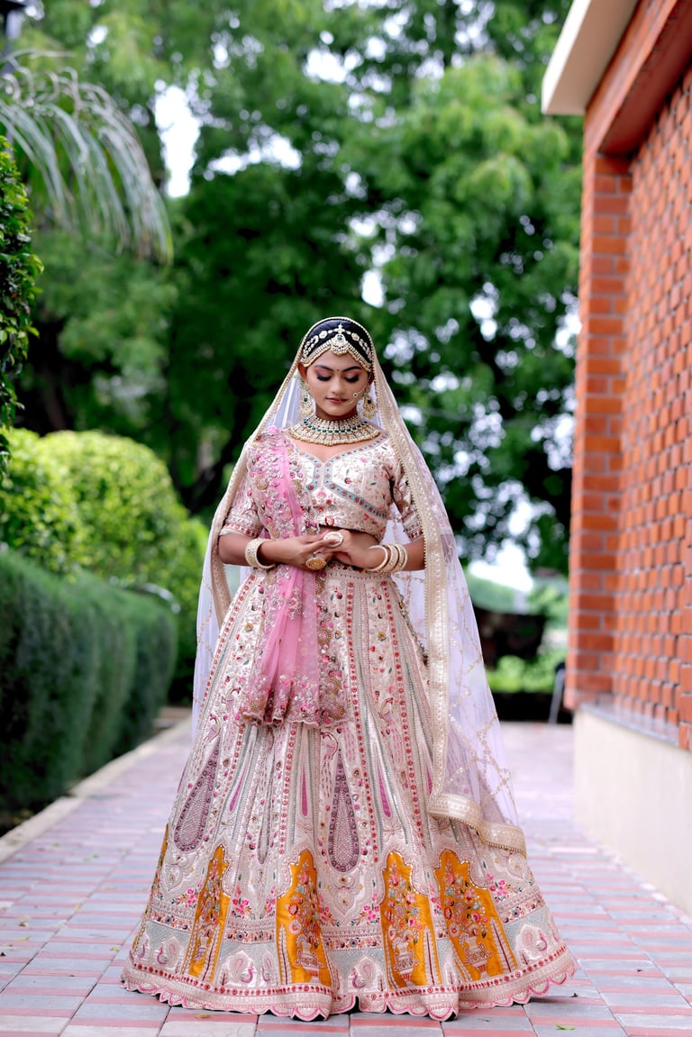 Bride in golden pink lehenga with kundan bridal jewelry, bold eye makeup, and traditional hairstyle.
