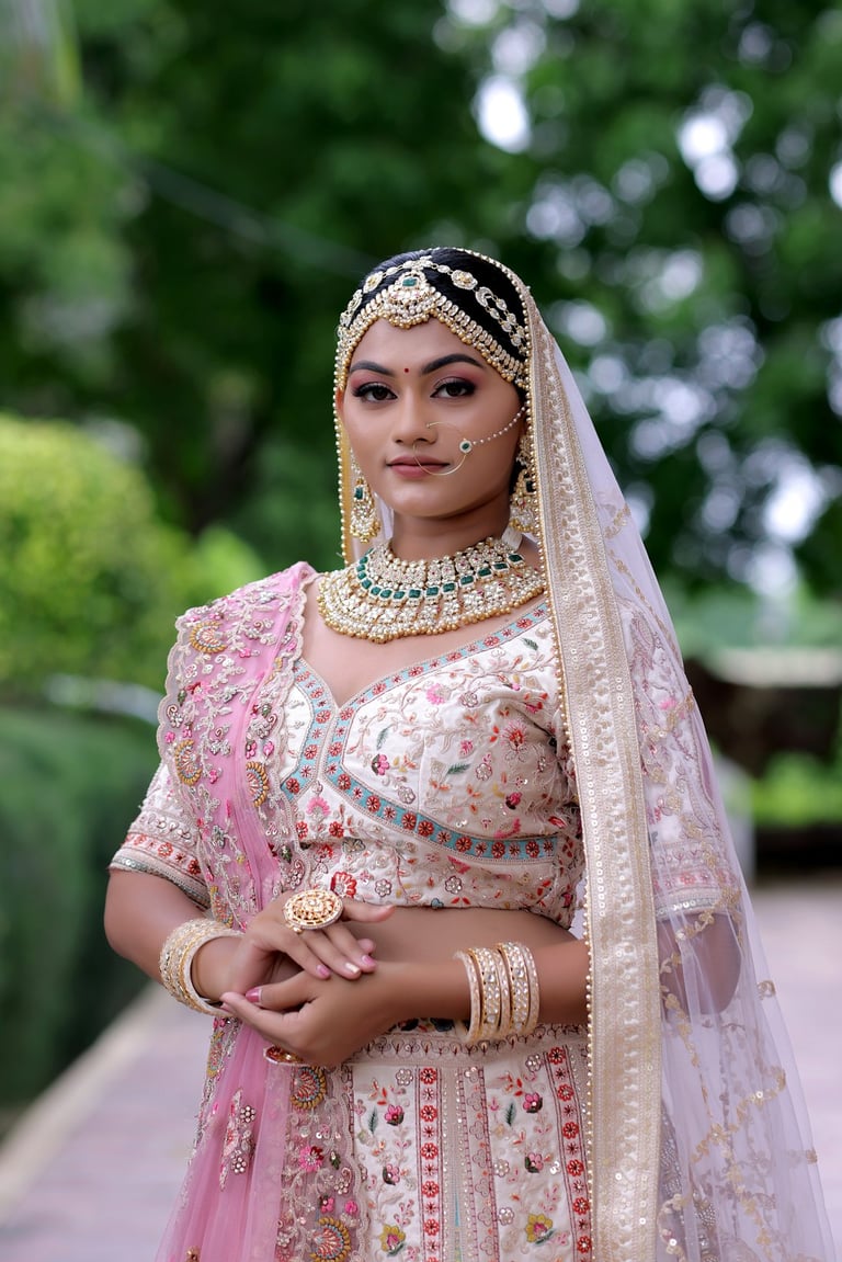 Beautiful bride in pink bridal lehenga with floral embroidery, modern bridal makeup, and heavy 