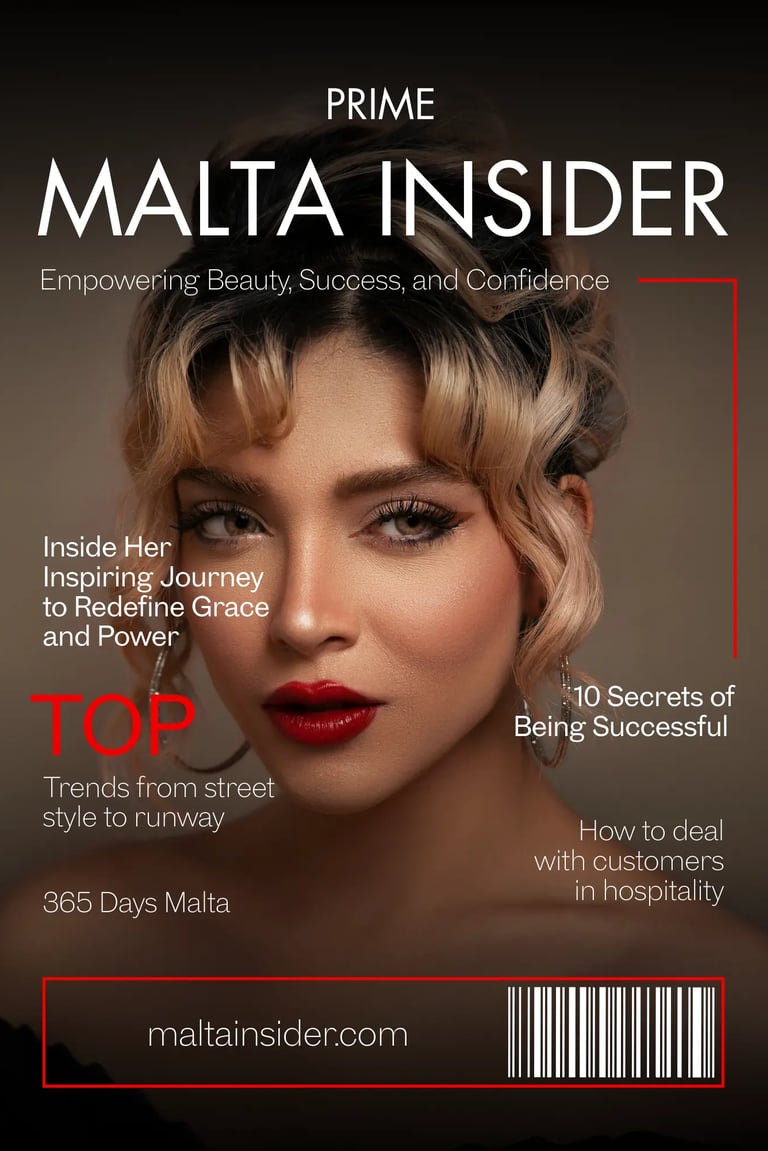Malta Insider magazine cover featuring a woman with blonde curls, red lipstick, and beauty lifestyle headlines.