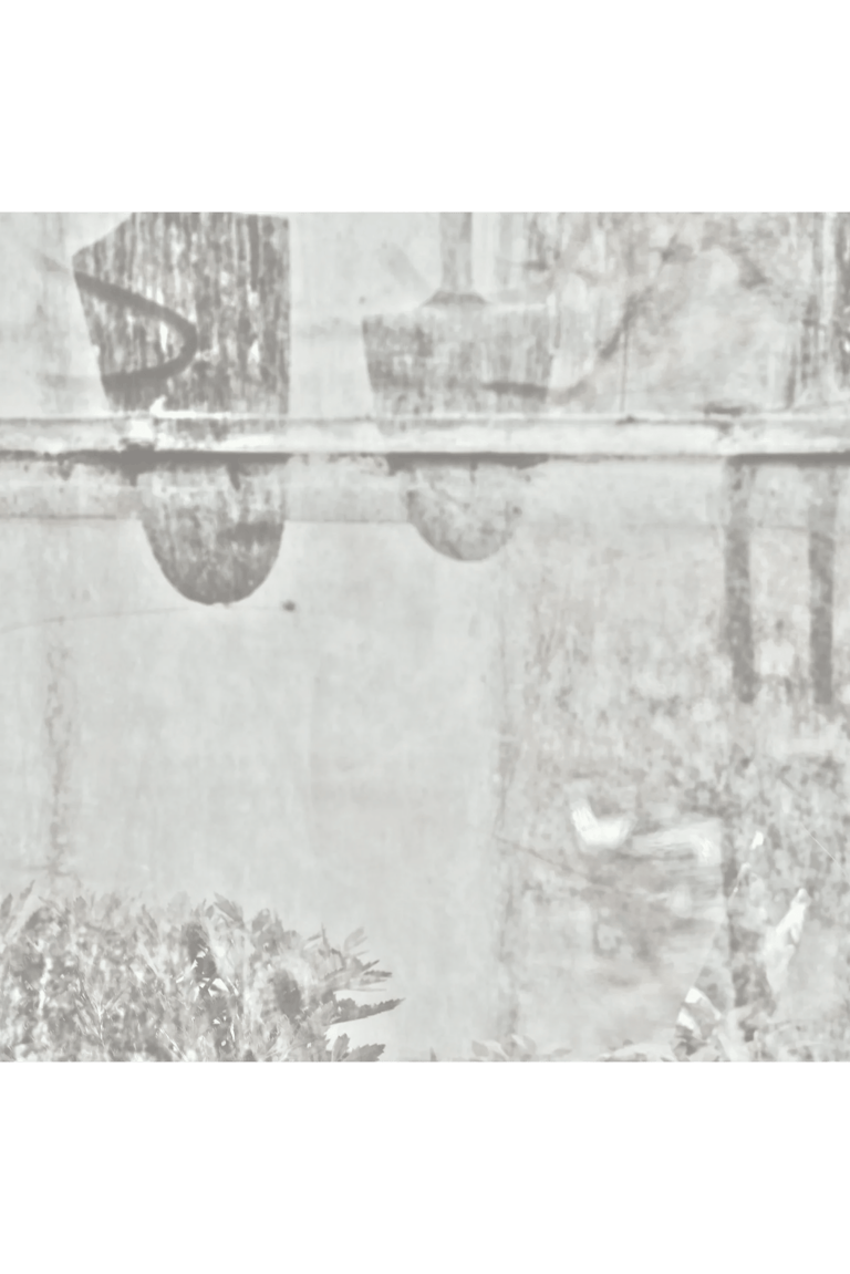 Shadows of garden tools silhouetted behind a misty, fogged glass window pane.