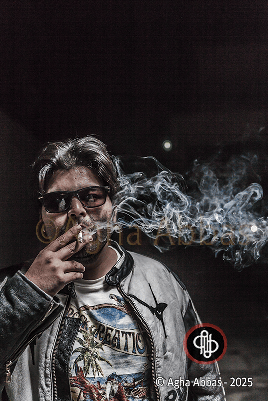 Gray-haired man in sunglasses, leather jacket, and beach t-shirt, holding cigarette with smoke, 
