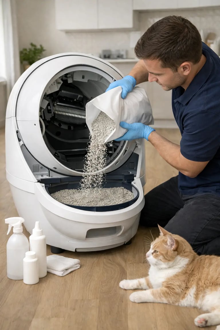 technicien la vie sans crotte qui met de la litière propre dans le robot du client