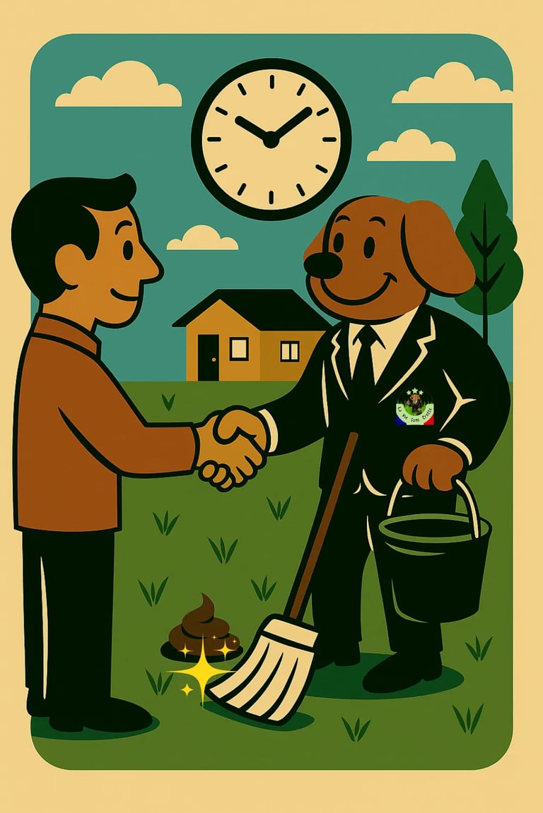 Notre mascotte La Vie Sans Crotte sert la main d'un client pour convenir d'un rendez-vous.