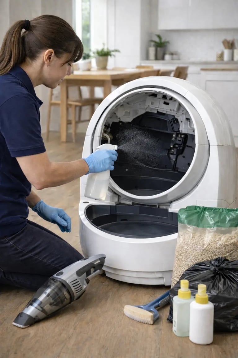 technicienne chez un client robot litière essentiel pour désinfection et nettoyage