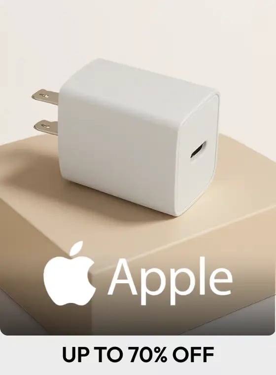 White Apple USB-C wall charger adapter on display for a 70 percent off sale.