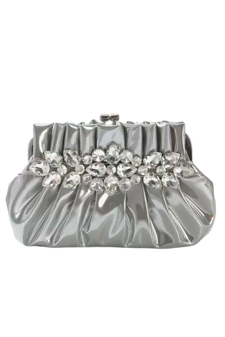 Silvery Glossy Pleated Evening Bag – Rhinestone PU Clutch with Detachable Straps
