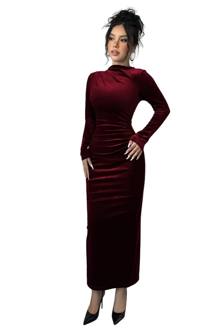 Crimson Women's Elegant Asymmetric Maxi Dress with Stand Collar & Back Slit – Formal Evening & Prom