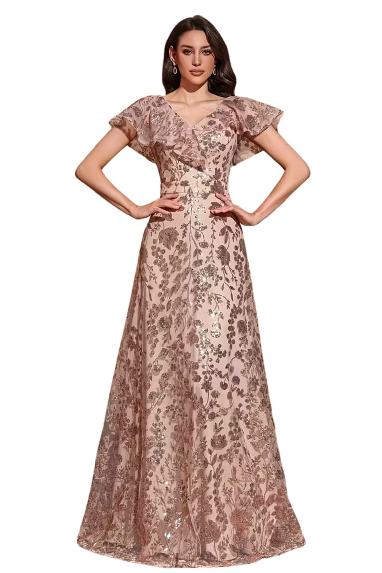 Rose Golden Women's Elegant V-Neck Floral A-Line Dress