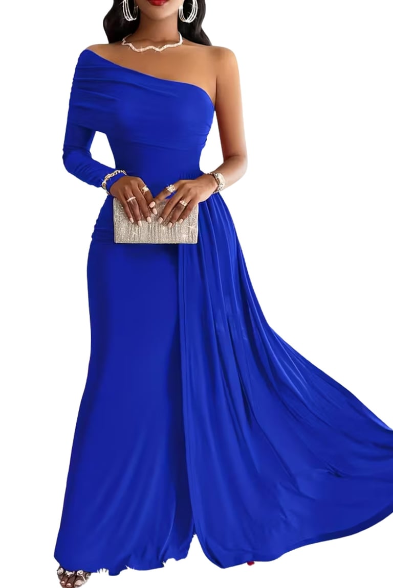 Royal Blue Women's Elegant Asymmetric One-Shoulder Bodycon Dress