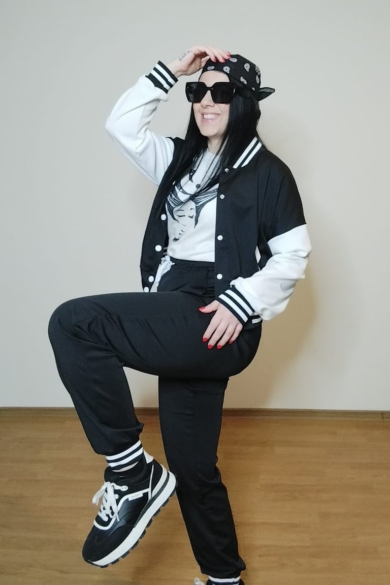 Black women's varsity jacket and pants 2-piece tracksuit set with cropped letterman jacket