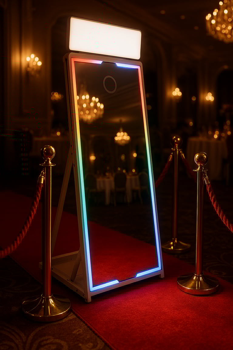 Fotospiegel auf einem stilvoll dekorierten geburtstag mit Personenleitsystem und rotem Teppich VIP