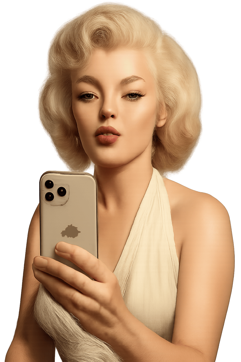 Blonde woman with vintage Marilyn Monroe style hair taking a mirror selfie on a smartphone.