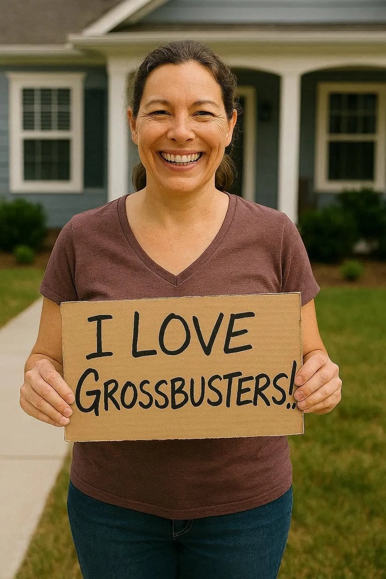 Happy client with sign that says I love Grossbusters!