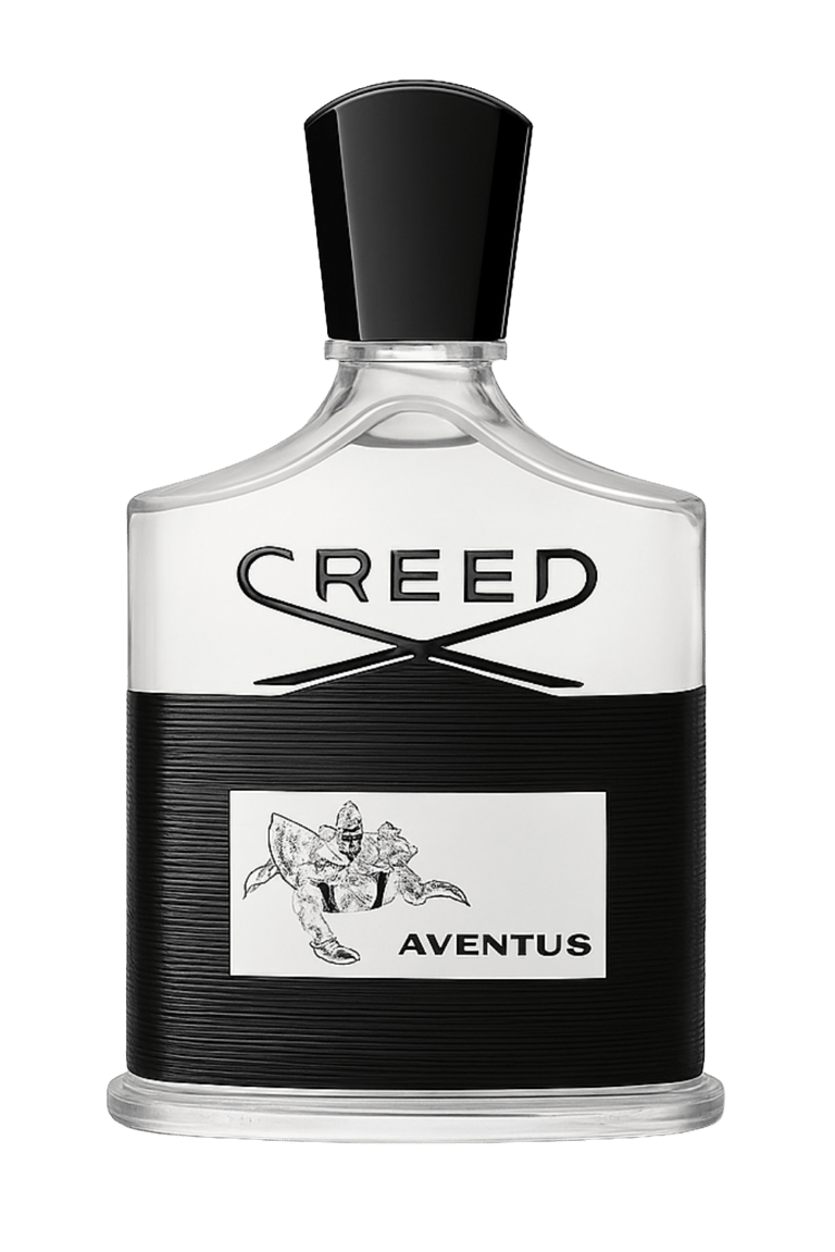 Creed Aventus luxury men's fragrance in a glass bottle with black textured wrap on black background.