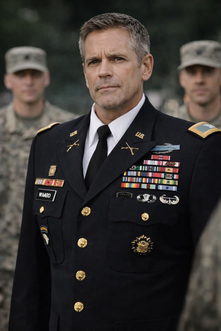 a man in uniform standing in front of a group of soldiers