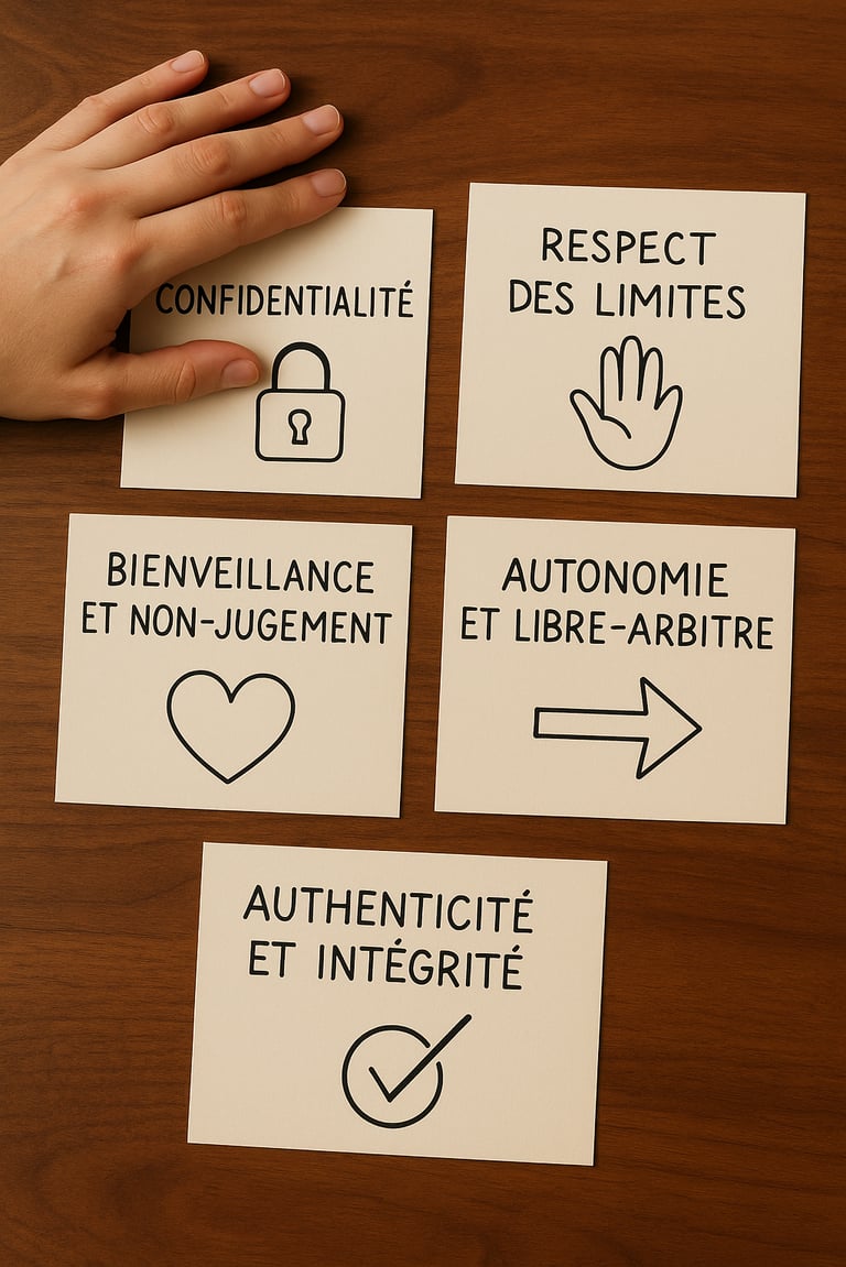 5 engagement - confidentialité, respects des limites, bienveillance, autonomie, intégrité