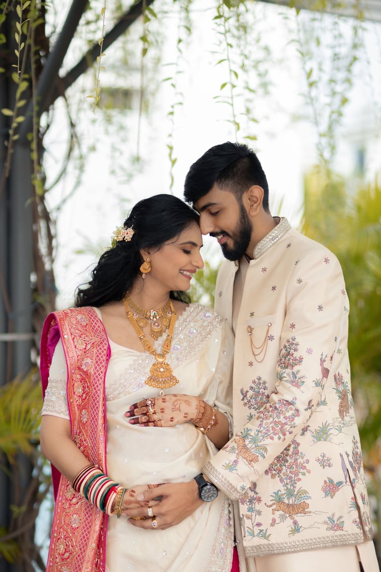 Beautiful baby shower bride in Vadodara smiling with natural glam makeup by R&D Bridal Studio, 