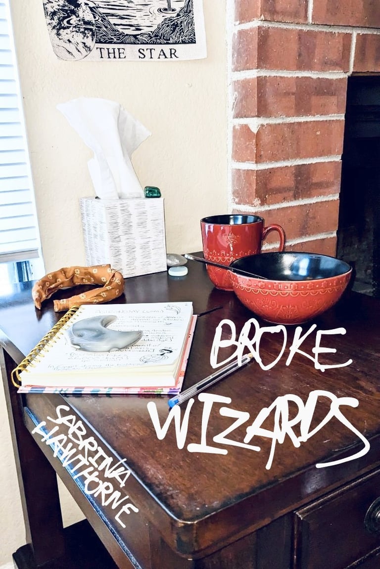 A photograph of a side table, cluttered with mundane & magical items. Written over the photo are the title and author’s name.