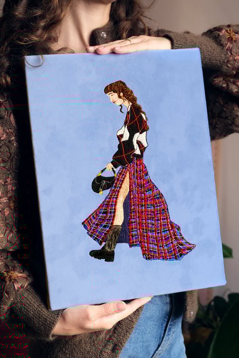 Embroidery artwork of a fashion illustration ; a woman is walking with Dior bag and kilt skirt 