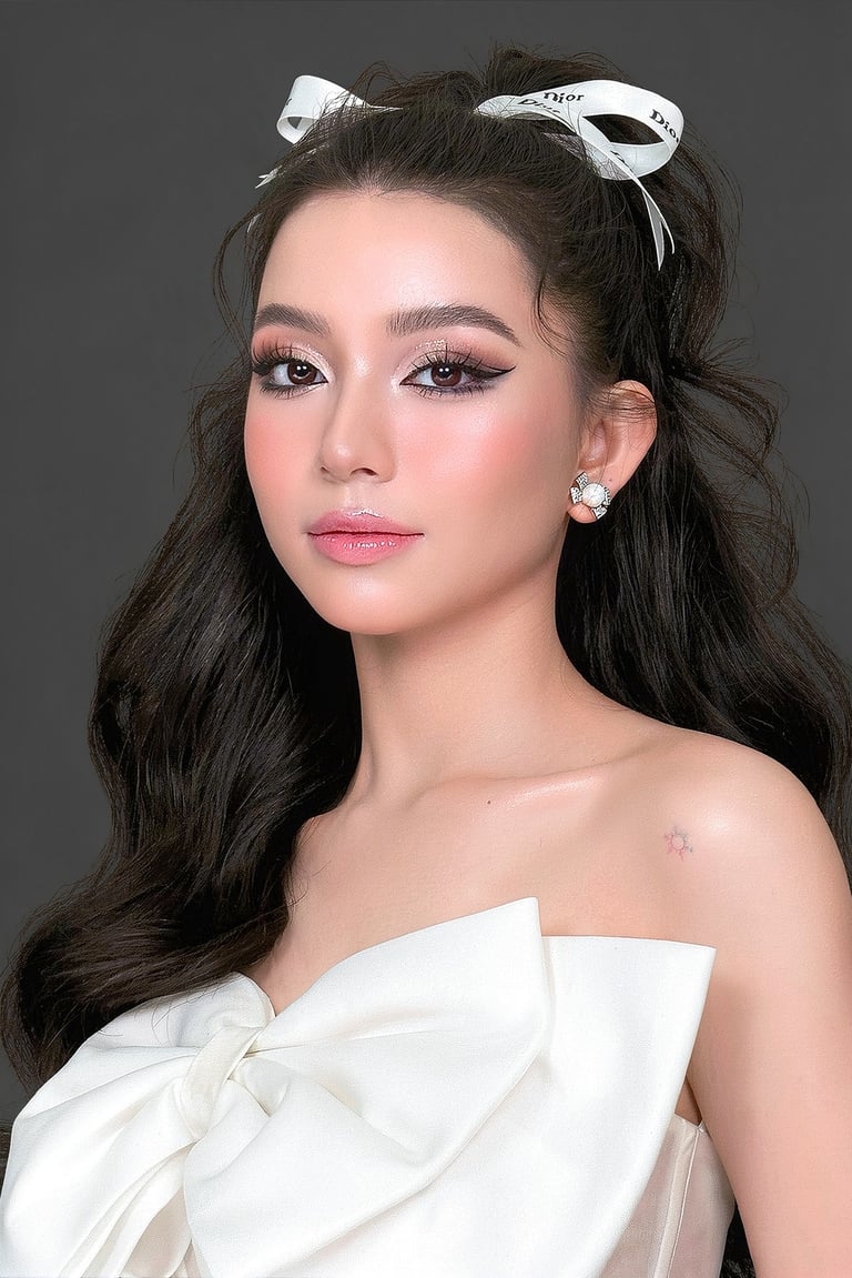 Elegant woman with glamorous makeup, wavy dark hair, and a white Dior ribbon bow accessory.