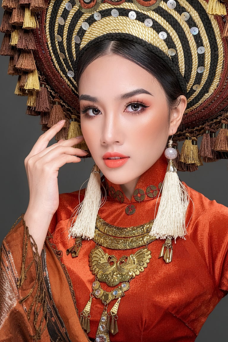 Portrait of a woman wearing a traditional Vietnamese Ao Dai and ornate gold bridal headpiece.