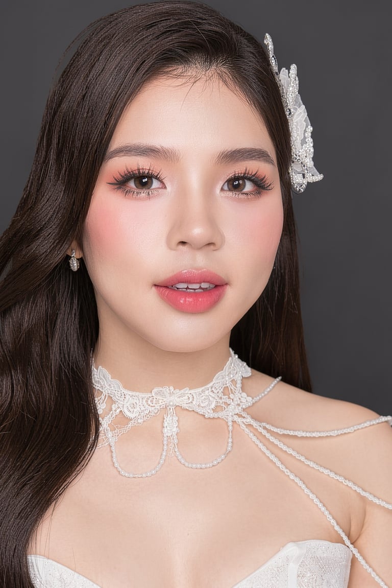 A woman with elegant bridal makeup, wearing a lace choker and white floral hair accessory.
