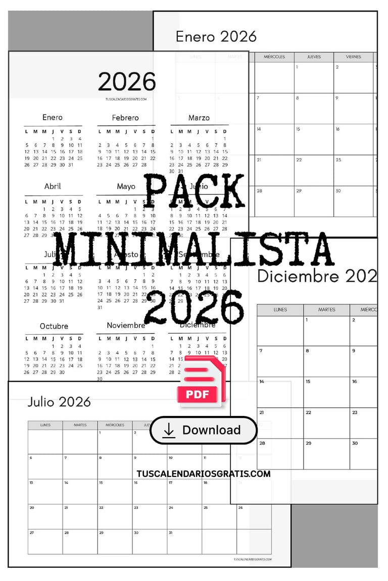 Calendario minimalista 2026 en PDF diseño limpio anual vertical y mensual horizontal para imprimir g
