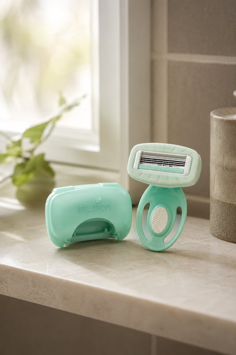 Schick Intuition mint green travel razor and protective case on a marble bathroom counter.