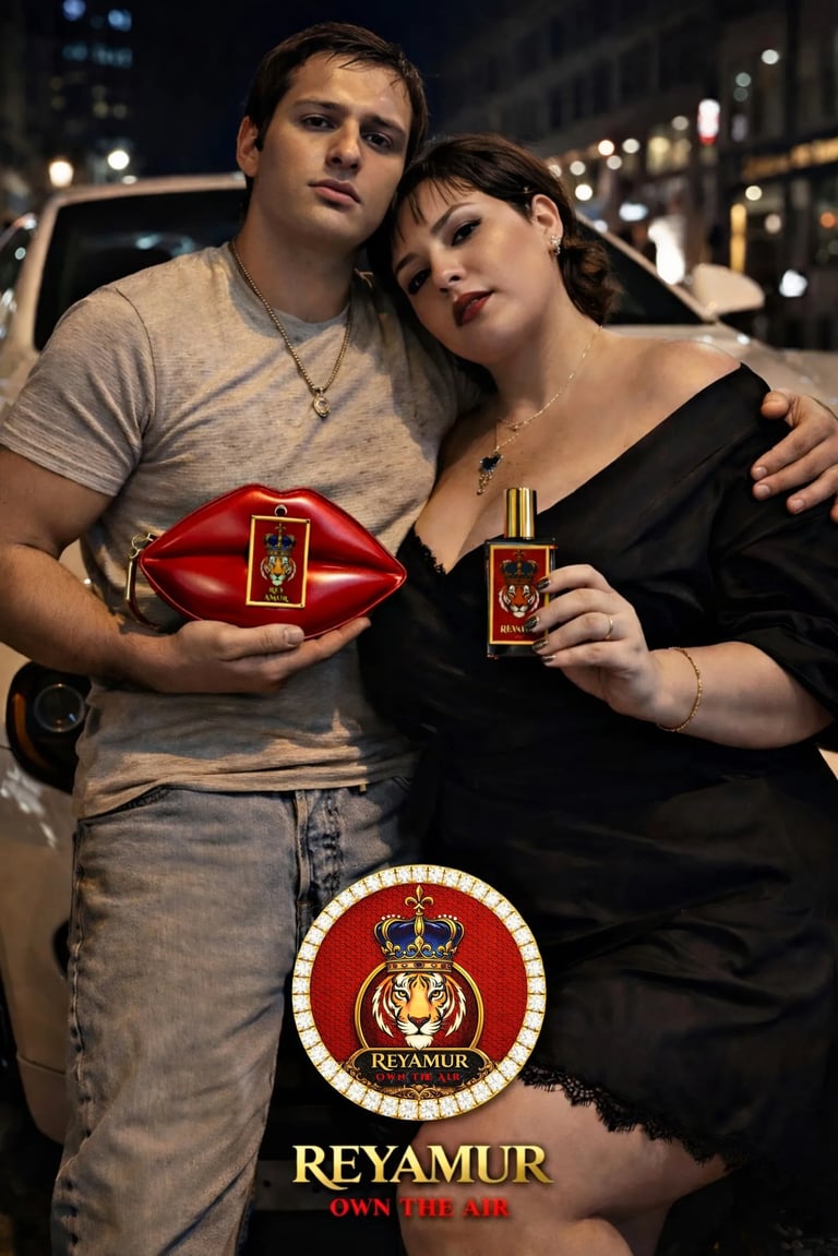 REYAMUR luxury fragrance Canada couple holding perfume and VIP kiss bag lifestyle shot