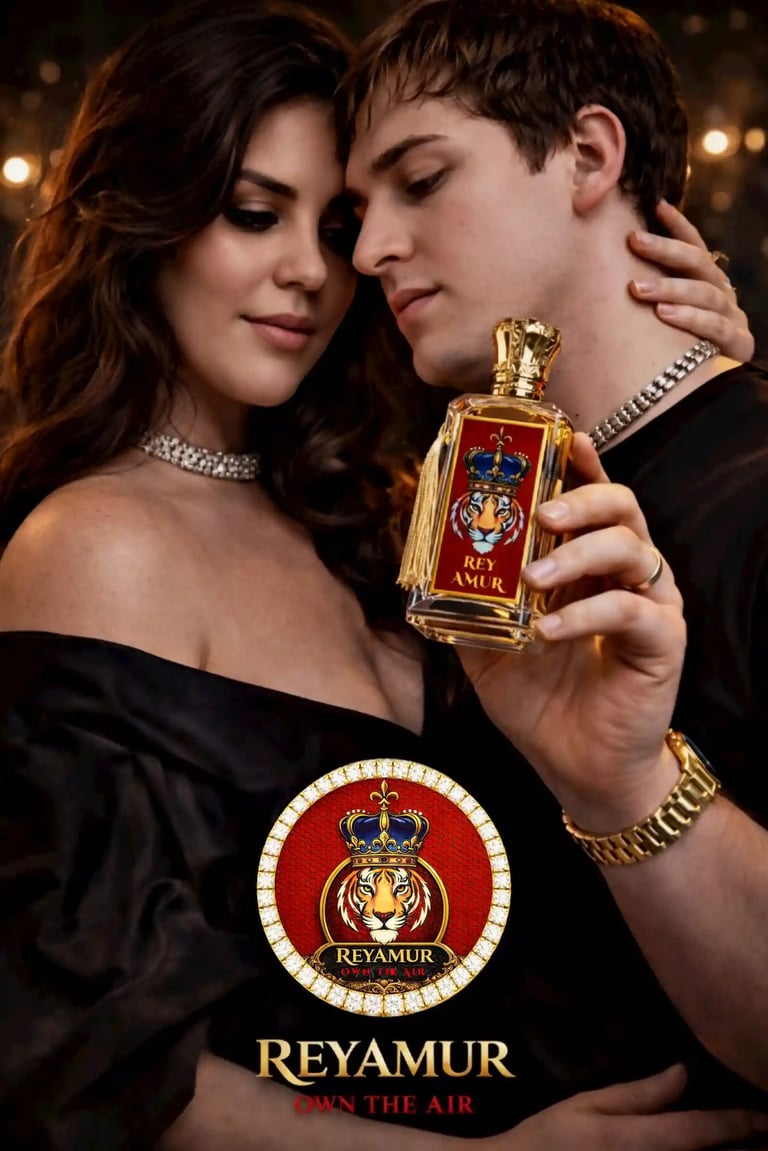 Luxury perfume moment REYAMUR couple holding fragrance bottle