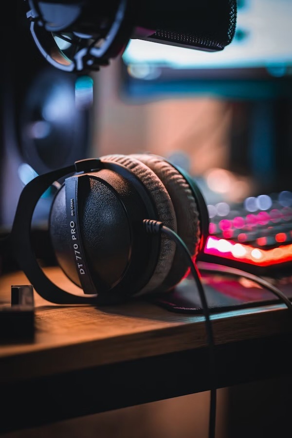 DT770 Pro headphones and mic in a music studio