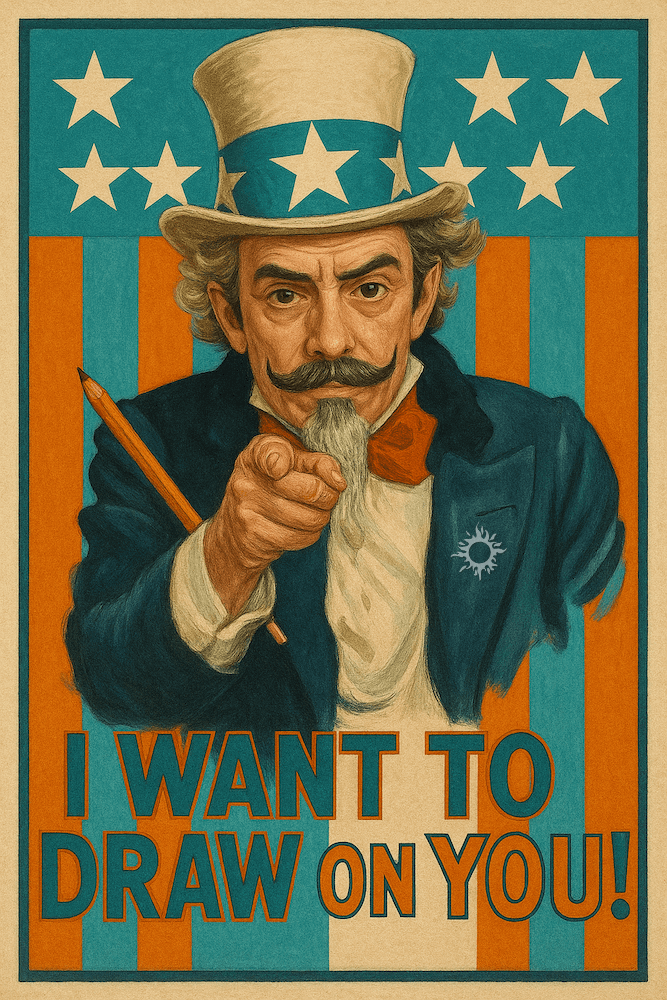 artist Yous dressed as Uncle Sam in the famous poster that reads “I want to draw on you"