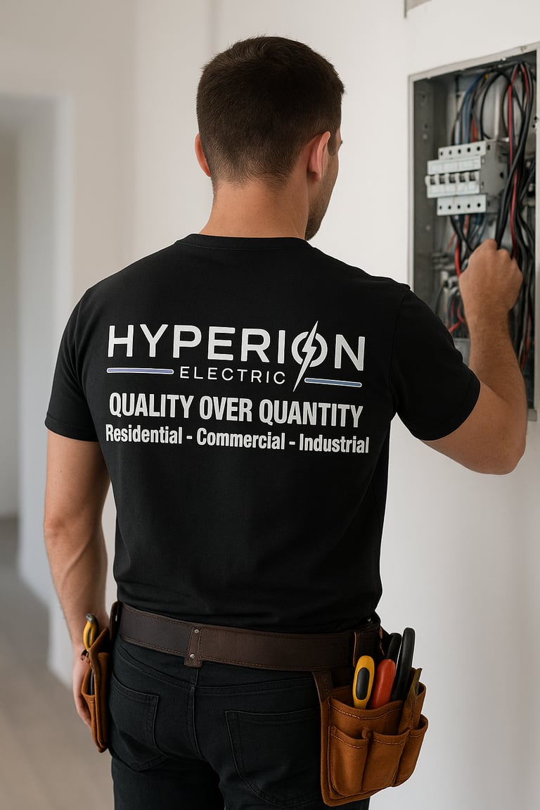 Electrician with the back of his work shirt showing the logo and a breaker panel in front of him