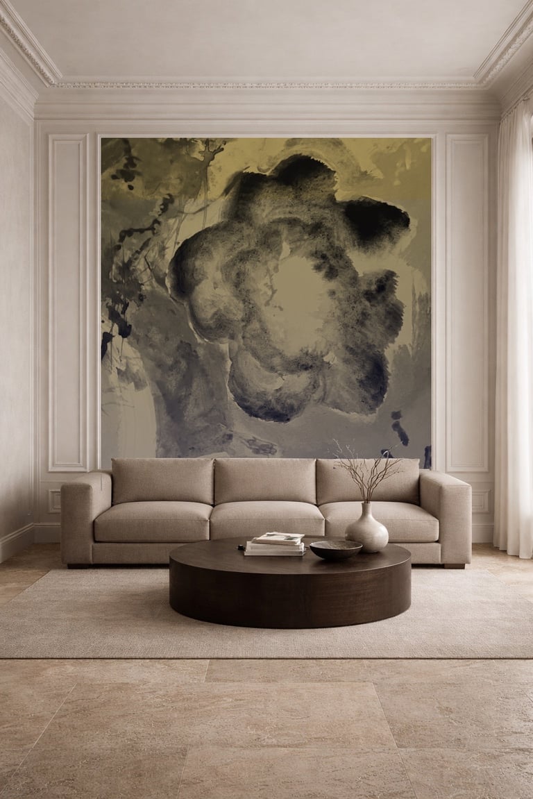 Bespoke wall covering mural integrated into a calm classical interior with neutral furnishings