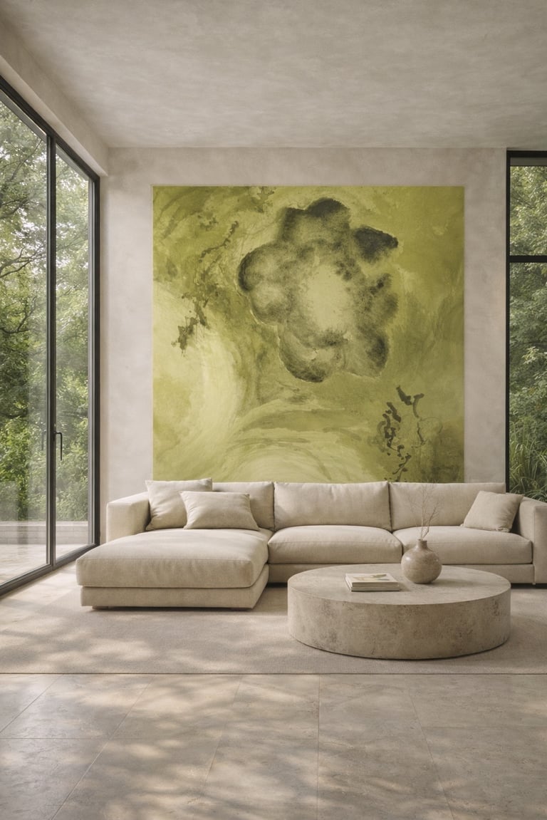 Wallpaper mural shaping interior atmosphere in a modern glass living room with soft daylight
