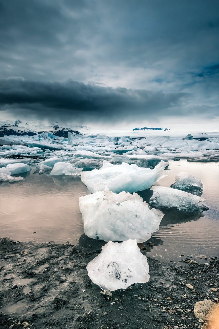 Jökulsárlón glacier lagoon in Iceland with an ominous sky