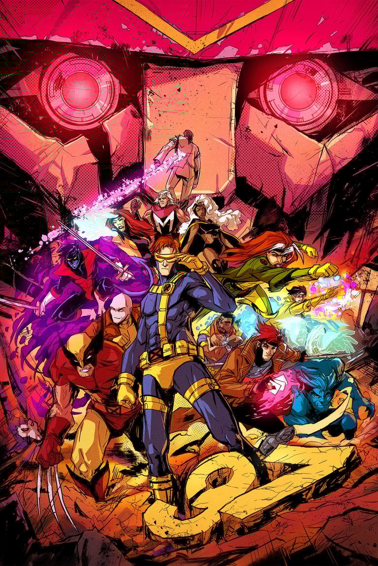 illustration of the X-Men '97 team by David Cousens featuring Cyclops, Wolverine and Gambit,  etc