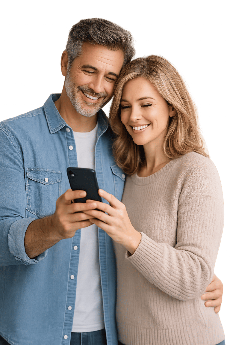 A happy couple smiling while looking at a smartphone screen against a black background.