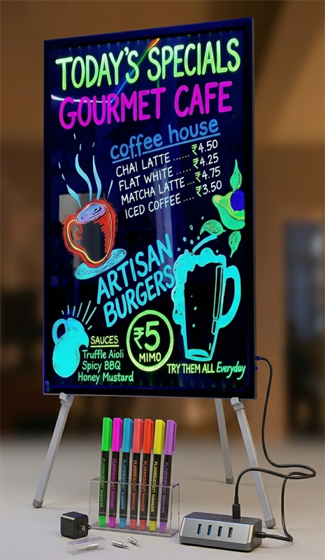 Illuminated neon LED writing board displaying cafe menu specials with colorful fluorescent markers.