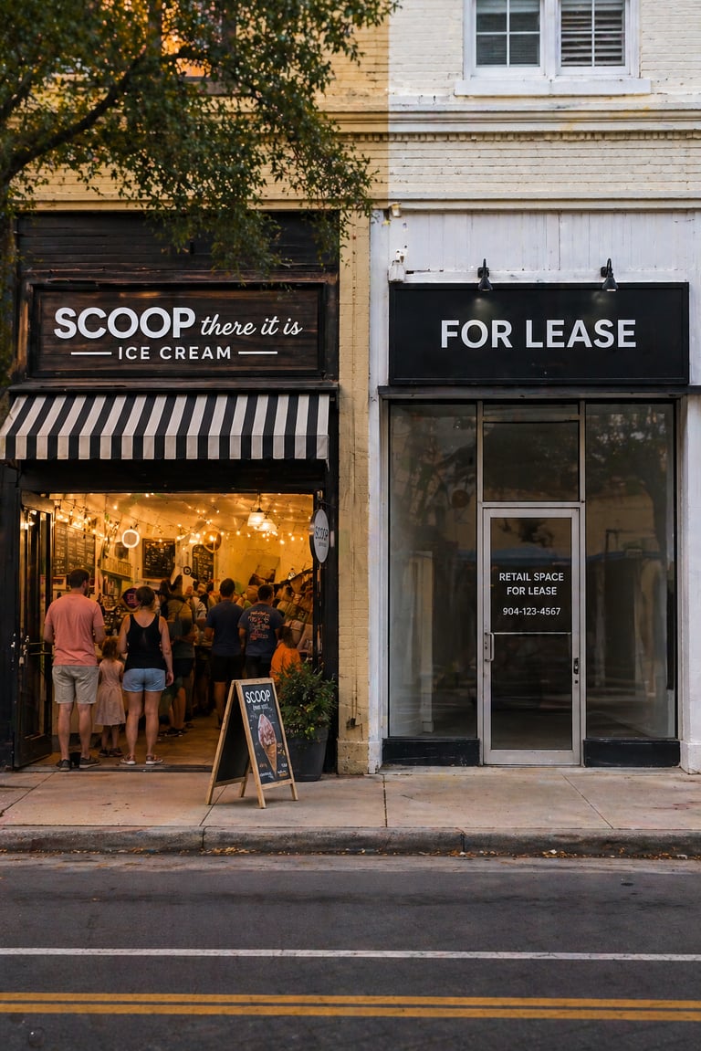 Ice cream shop and vacant storefront