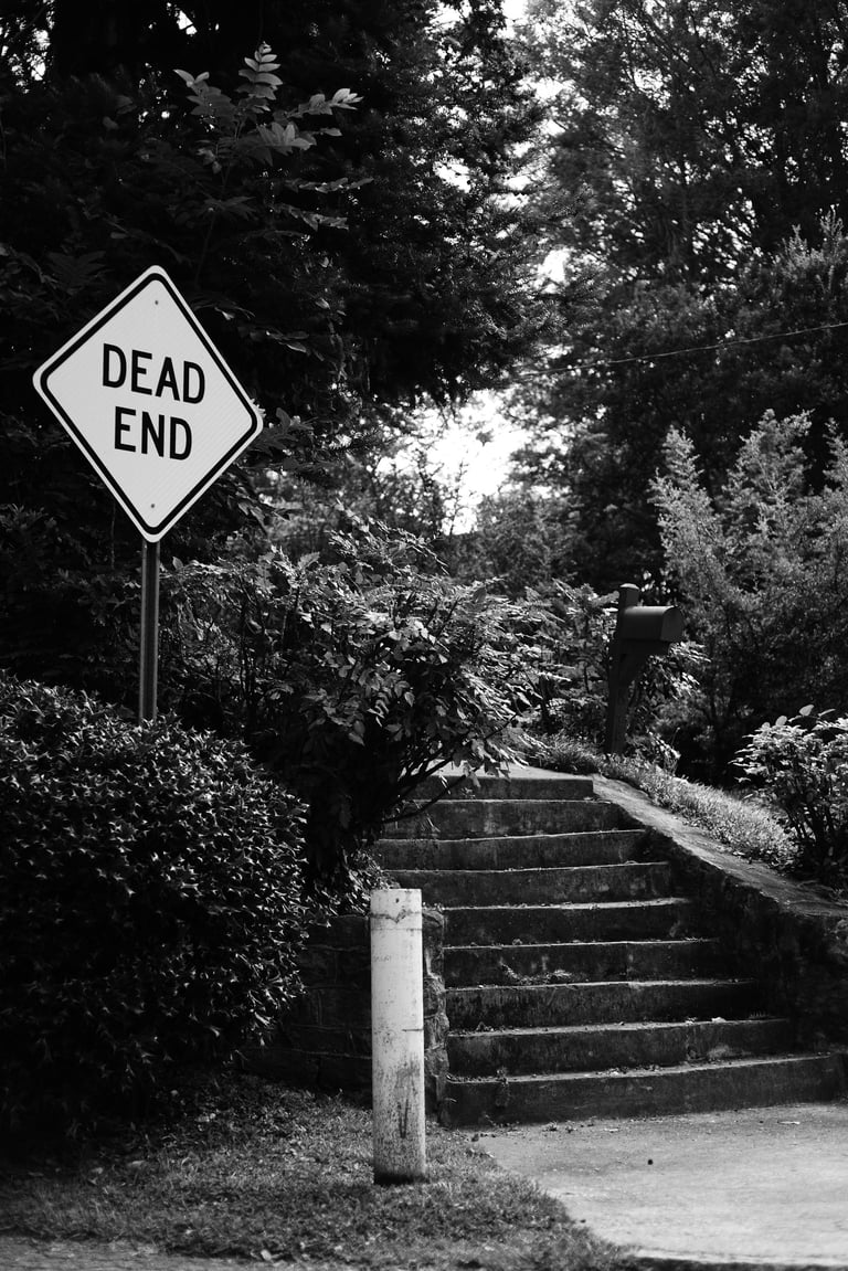 A black and white photo of a dead end road sign next to stone steps leading into a wooded area.