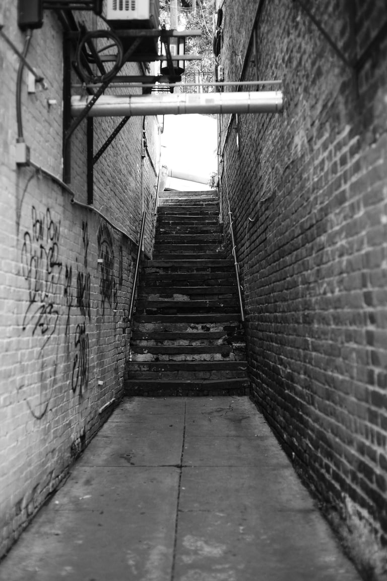 Black and white photo of a narrow urban alleyway with stone stairs between brick walls and graffiti.