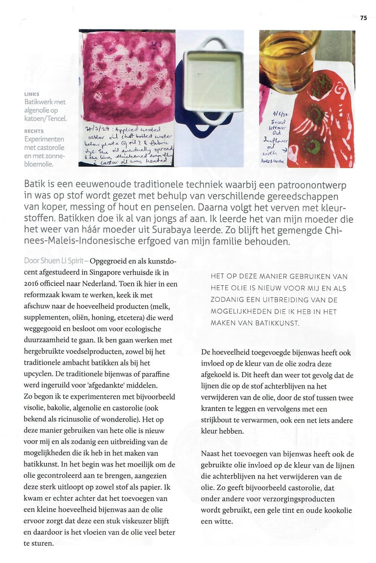 vezel magazine, batik artist, netherlands, shuen-li spirit, batik workshop, experimental batik, oils
