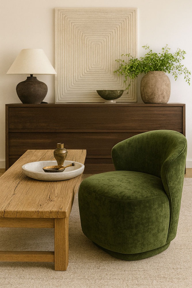 Green velvet accent chair in a warm organic modern living room with rustic coffee table by Solo Home Decor